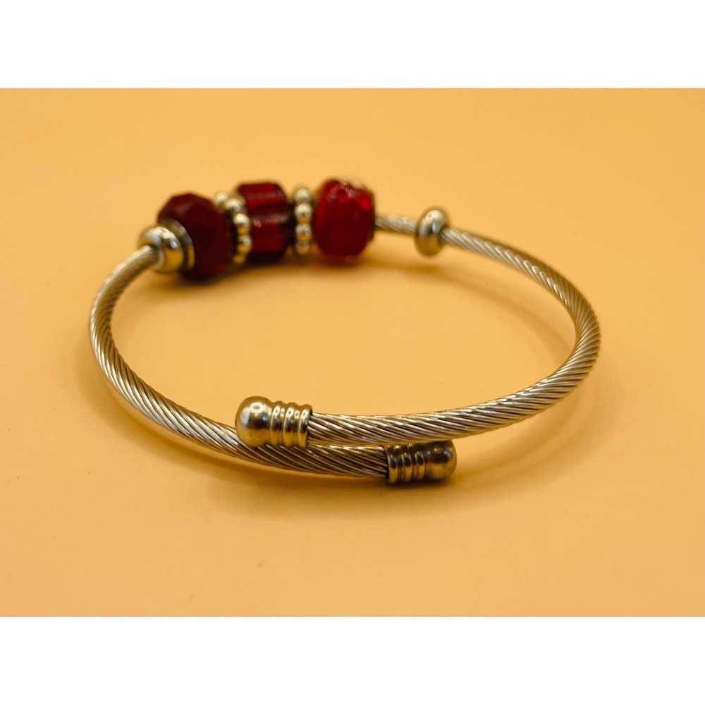 Silver Tone Twisted Cable Wire Bypass Bangle Bracelet with Red Glass Charms - Picture 4 of 6
